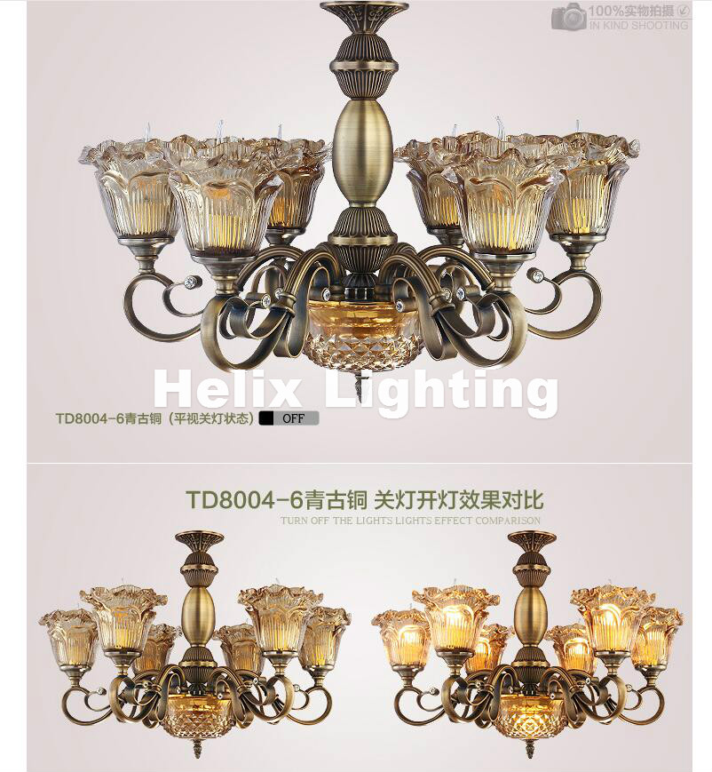 newly brass color chandelier lamp, 5/6/8/10 heads lights, modern decora glass ac 110v/220v e14 led guaranteed