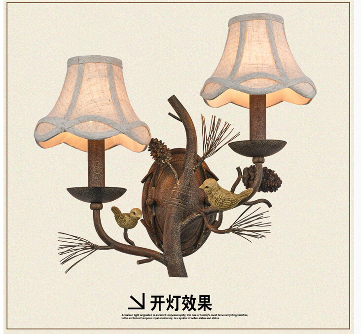 w43cm 2l american country style nordic fabric shades vintage aisle bird design wall lamp bird wall sconces e14 led