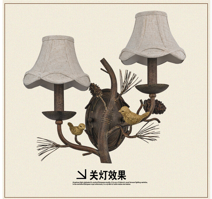 w43cm 2l american country style nordic fabric shades vintage aisle bird design wall lamp bird wall sconces e14 led