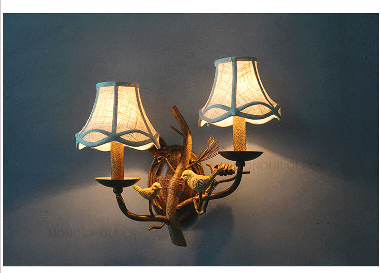 w43cm 2l american country style nordic fabric shades vintage aisle bird design wall lamp bird wall sconces e14 led