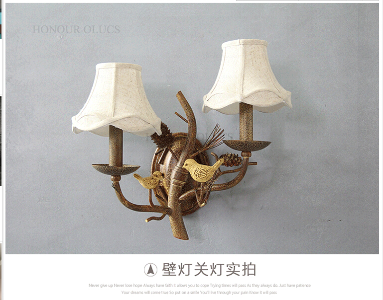 w43cm 2l american country style nordic fabric shades vintage aisle bird design wall lamp bird wall sconces e14 led